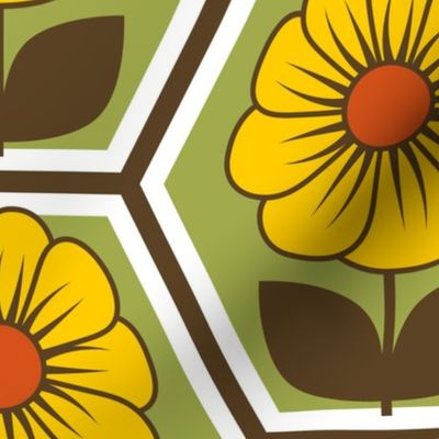 70s Retro Flower Hexagon Geometric // Yellow, Red-Orange, Green, Dark Brown, White // V1 // 386 DPI