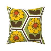 70s Retro Flower Hexagon Geometric // Yellow, Red-Orange, Green, Dark Brown, White // V1 // 386 DPI