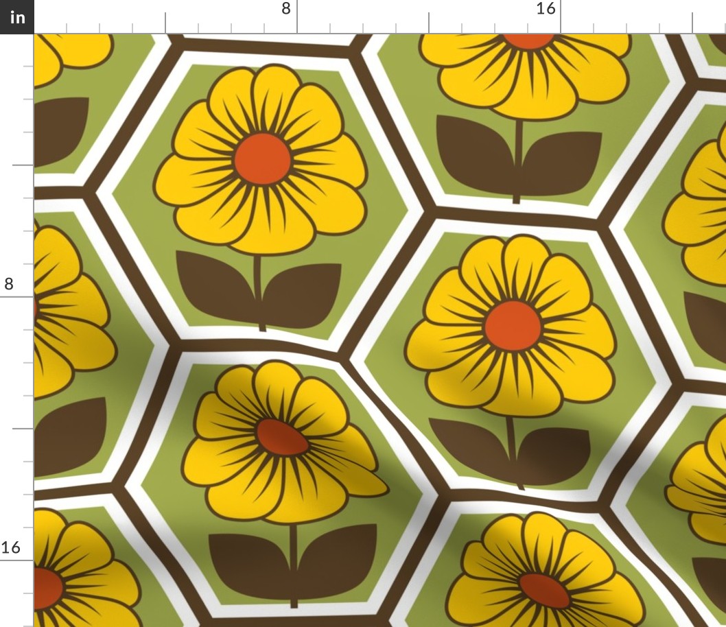 70s Retro Flower Hexagon Geometric // Yellow, Red-Orange, Green, Dark Brown, White // V1 // 386 DPI