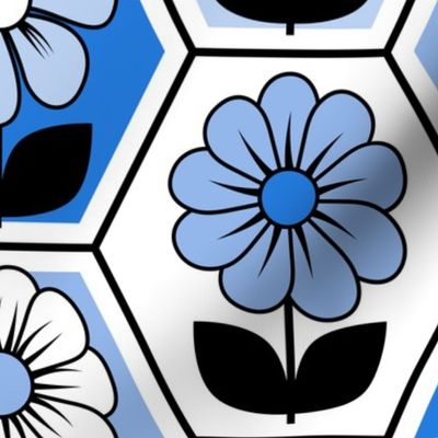 70s Retro Flower Hexagon Geometric // Cobalt, Blue, Black and White // V1 // 515 DPI