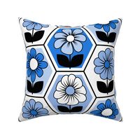 70s Retro Flower Hexagon Geometric // Cobalt, Blue, Black and White // V1 // 515 DPI