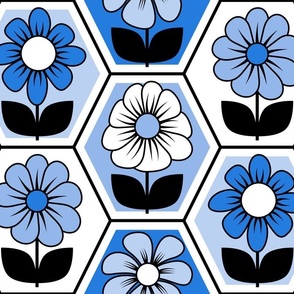 70s Retro Flower Hexagon Geometric // Cobalt, Blue, Black and White // V1 // 515 DPI