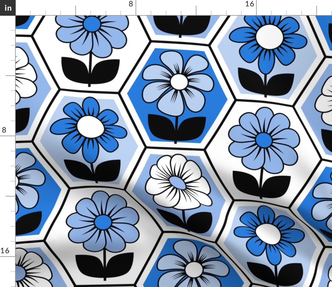 70s Retro Flower Hexagon Geometric // Cobalt, Blue, Black and White // V1 // 515 DPI