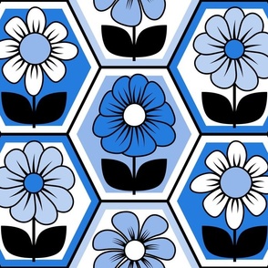 70s Retro Flower Hexagon Geometric // Cobalt, Blue, Black and White // V2 // 515 DPI