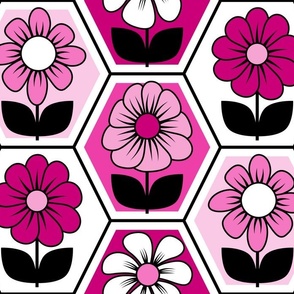 70s Retro Flower Hexagon Geometric // Magenta, Fuchsia, Pink, Black and White // V1 // 515 DPI