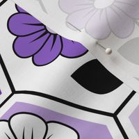 70s Retro Flower Hexagon Geometric // Purple, Lavender, Black and White // V1 // 772 DPI