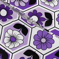 70s Retro Flower Hexagon Geometric // Purple, Lavender, Black and White // V1 // 772 DPI