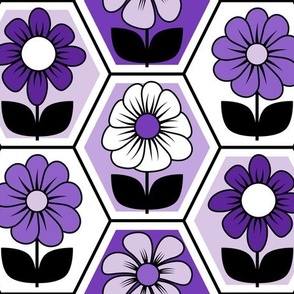 70s Retro Flower Hexagon Geometric // Purple, Lavender, Black and White // V1 // 772 DPI