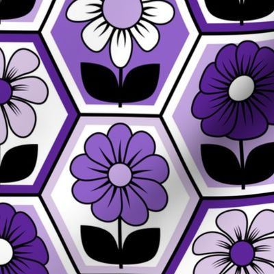 70s Retro Flower Hexagon Geometric // Purple, Lavender, Black and White // V2 // 772 DPI