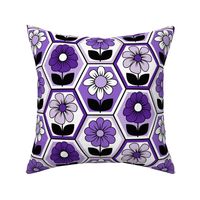 70s Retro Flower Hexagon Geometric // Purple, Lavender, Black and White // V2 // 772 DPI