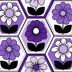 70s Retro Flower Hexagon Geometric // Purple, Lavender, Black and White // V2 // 772 DPI