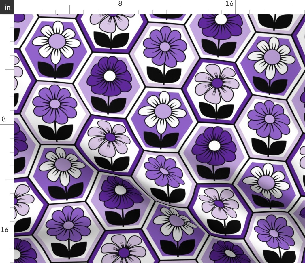 70s Retro Flower Hexagon Geometric // Purple, Lavender, Black and White // V2 // 772 DPI