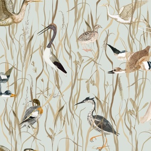 birds in grasses on SW windowpane, large scale
