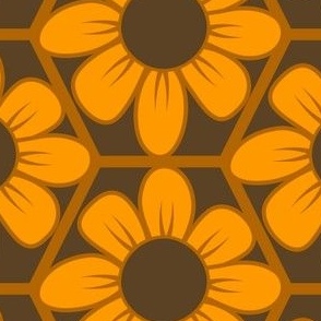 70s Retro Flower in Hexagon Geometric // Orange, Caramel and Dark Brown // 772 DPI