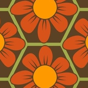 70s Retro Flower in Hexagon Geometric // Red-Orange, Orange, Green and Dark Brown // 772 DPI