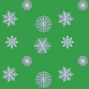 icy white snowflakes on green