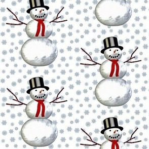 snowmen on white with snowflakes