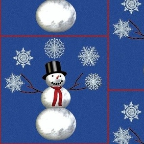 Snowman  juggling  snowflakes, on blue with red borders