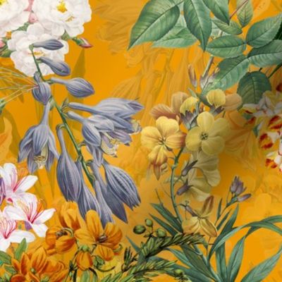 14" Nostalgic Springflowers Garden Vintage Bouquets, Antique Flowers Fabric, Vintage Flower for upholstery and home decor, sunny orange double layer