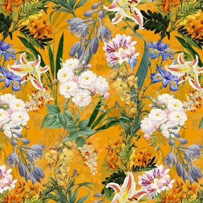14" Nostalgic Springflowers Garden Vintage Bouquets, Antique Flowers Fabric, Vintage Flower for upholstery and home decor, sunny orange double layer