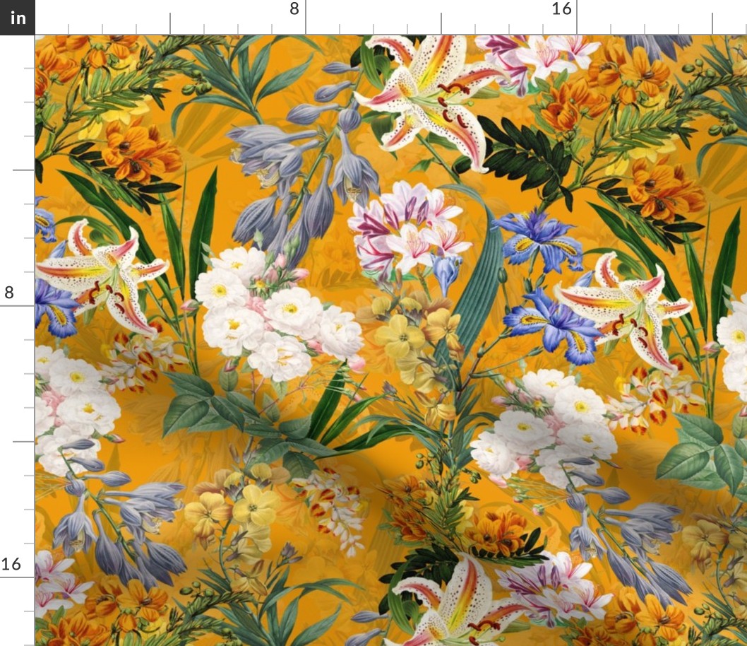 14" Nostalgic Springflowers Garden Vintage Bouquets, Antique Flowers Fabric, Vintage Flower for upholstery and home decor, sunny orange double layer