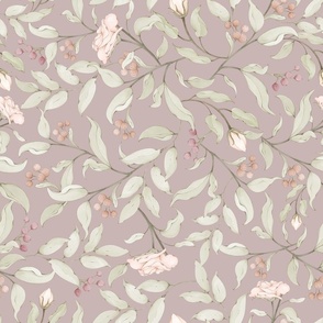 Rose vines and flowers in soft, muted tones on elderberry background