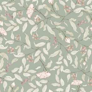 Rose vines and flowers in soft, muted tones on Green background
