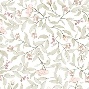 Rose vines and flowers in soft, muted tones on white background