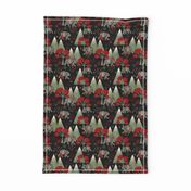 Cosy Polar bears and mountains on black with scarlet  red whimsical trees 6” repeat 