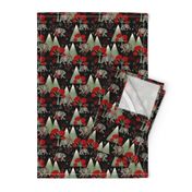 Cosy Polar bears and mountains on black with scarlet  red whimsical trees 6” repeat 