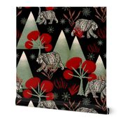 Cosy Polar bears and mountains on black with scarlet  red whimsical trees 6” repeat 
