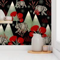 Cosy Polar bears and mountains on black with scarlet  red whimsical trees 6” repeat 