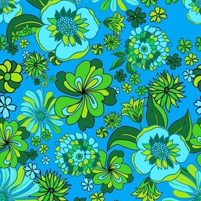 Hippie 70s psychedelic trippy aqua flower power wallpaper, fabric 