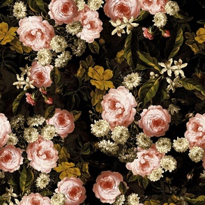 Vintage Dark Night Romanticism:Flemish Maximalism Moody Florals- Antiqued Abraham Mignon Roses With White Orange Blossoms Bouquets Nostalgic - Gothic Mystic Night-  Antique Botany Wallpaper and Victorian Goth Mystic inspired