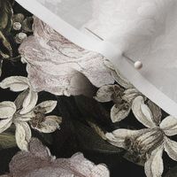 Vintage Dark Night Romanticism:Flemish Maximalism Moody Florals- Antiqued Abraham Mignon Roses With White Orange Blossoms Bouquets Nostalgic - Gothic Mystic Night-  Antique Botany Wallpaper and Victorian Goth Mystic inspired 
