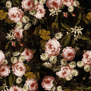 Vintage Dark Night Romanticism:Flemish Maximalism Moody Florals- Antiqued Abraham Mignon Roses With White Orange Blossoms Bouquets Nostalgic - Gothic Mystic Night-  Antique Botany Wallpaper and Victorian Goth Mystic inspired pink warm 