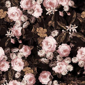 Vintage Dark Night Romanticism:Flemish Maximalism Moody Florals- Antiqued Abraham Mignon Roses With White Orange Blossoms Bouquets Nostalgic - Gothic Mystic Night-  Antique Botany Wallpaper and Victorian Goth Mystic inspired sepia pink