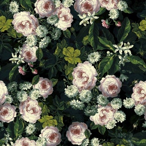 Vintage Dark Night Romanticism:Flemish Maximalism Moody Florals- Antiqued Abraham Mignon Roses With White Orange Blossoms Bouquets Nostalgic - Gothic Mystic Night-  Antique Botany Wallpaper and Victorian Goth Mystic inspired green contrast