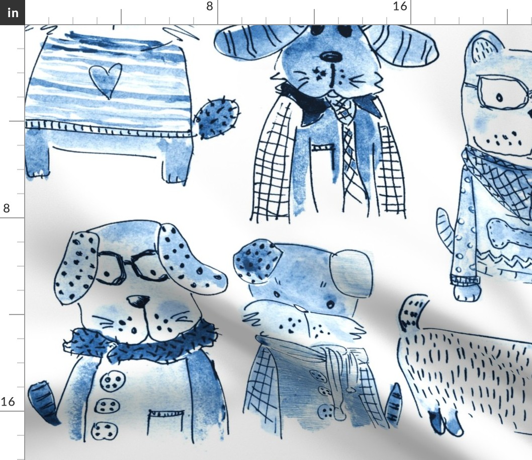 BLUE MONOCHROME canine cutie DOG SKETCHES Large