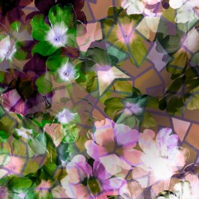 Complex Flowers embedded in pink green mosaic