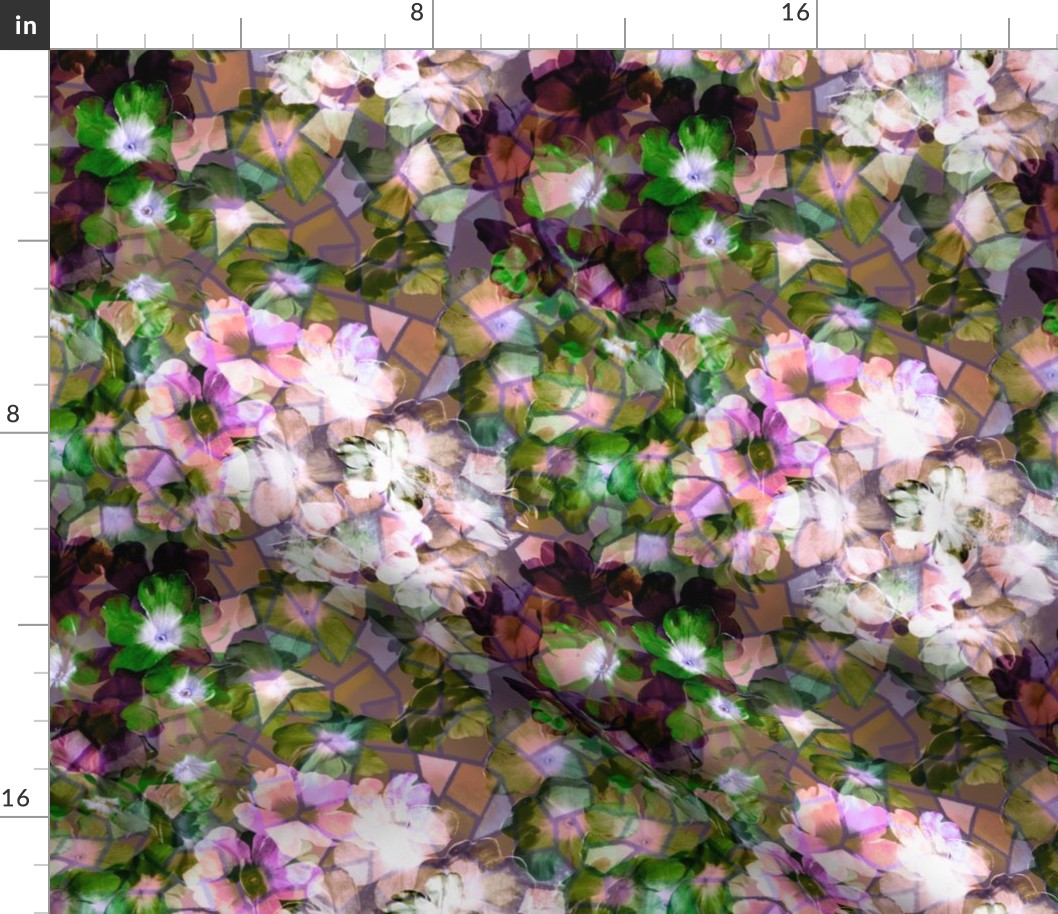 Complex Flowers embedded in pink green mosaic