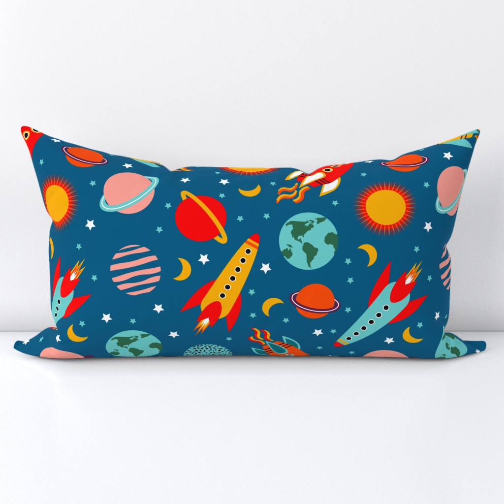 Medium // Rocket Blast Off: Rocket Ships, Planets, Stars, Moons - Blue