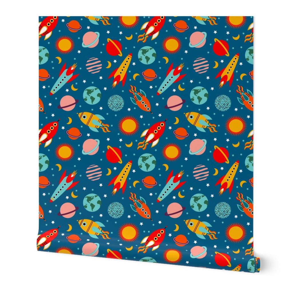 Medium // Rocket Blast Off: Rocket Ships, Planets, Stars, Moons - Blue