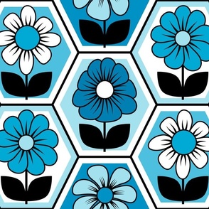 70s Retro Flower Hexagon Geometric // Turquoise Blue, Cerulean Blue, Black and White // V1 // 515 DPI