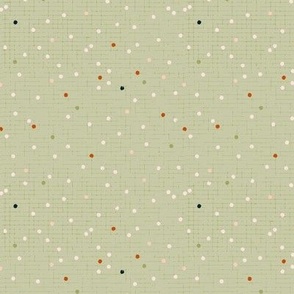 Christmas confetti, small colorful random dots on light green background, small scale