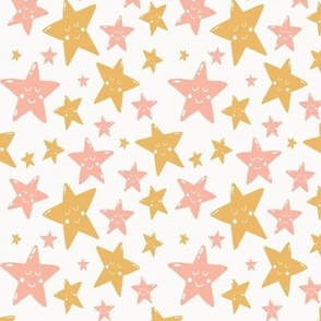 Stars - yellow, pink, pastel, starry, cute star, face star, girl star, nursery wallpaper, star wallpaper, girly, pyjama, Ashleigh Fish