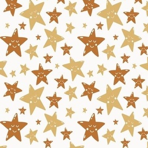 Stars - yellow, brown, earth tone, starry, cute star, face star, boys star, nursery wallpaper, star wallpaper, gender neutral, pyjama, Ashleigh Fish