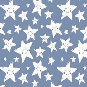Stars - white, blue, starry, cute star, face star, boys star, nursery wallpaper, star wallpaper, gender neutral, pyjama, Ashleigh Fish
