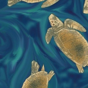 Loggerhead Sea Turtles Twirling on Blue