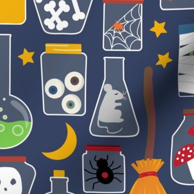 Eclectic Halloween Witches Brew  Beakers with Spiders, Mushrooms, Frankenstein, Ghosts, Bones, Frogs, Mummies, and Eyeballs on Navy Ground Large